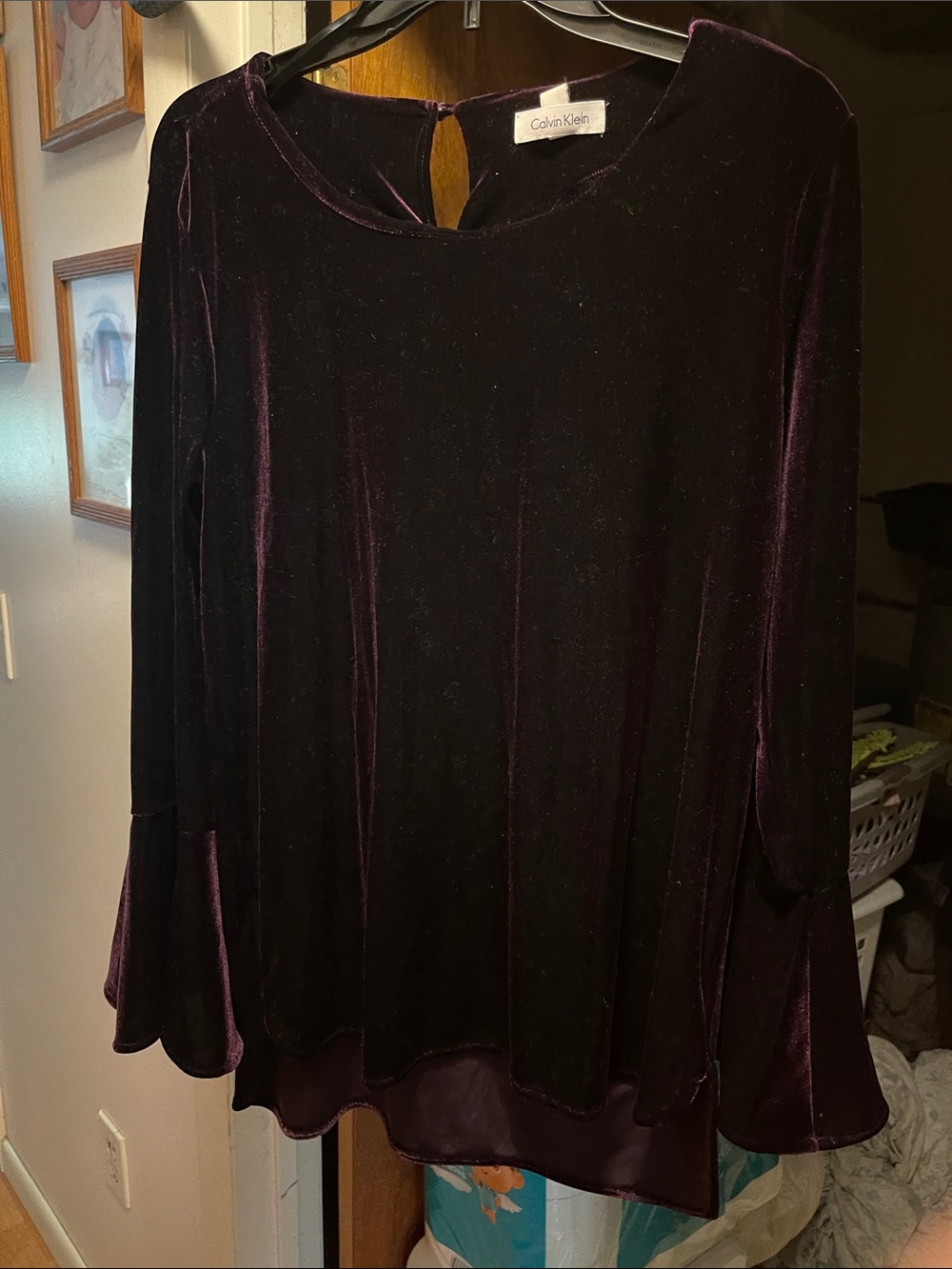 Calvin Klein Velvet Long-Sleeve Blouse in Plum